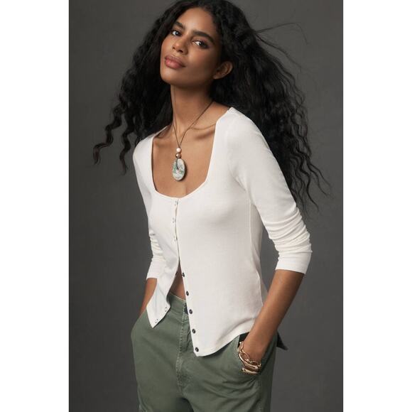 Anthropologie Maeve Square-Neck Button-Front Cardigan Top White Size XS - Picture 1 of 10